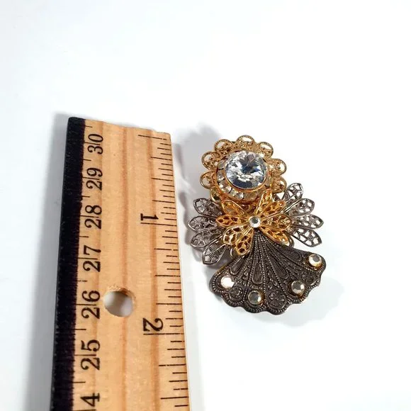 Guardian Angel Handmade Vintage Pin Brooch Rhinestone 2" Fashion Jewelry - Picture 3 of 4